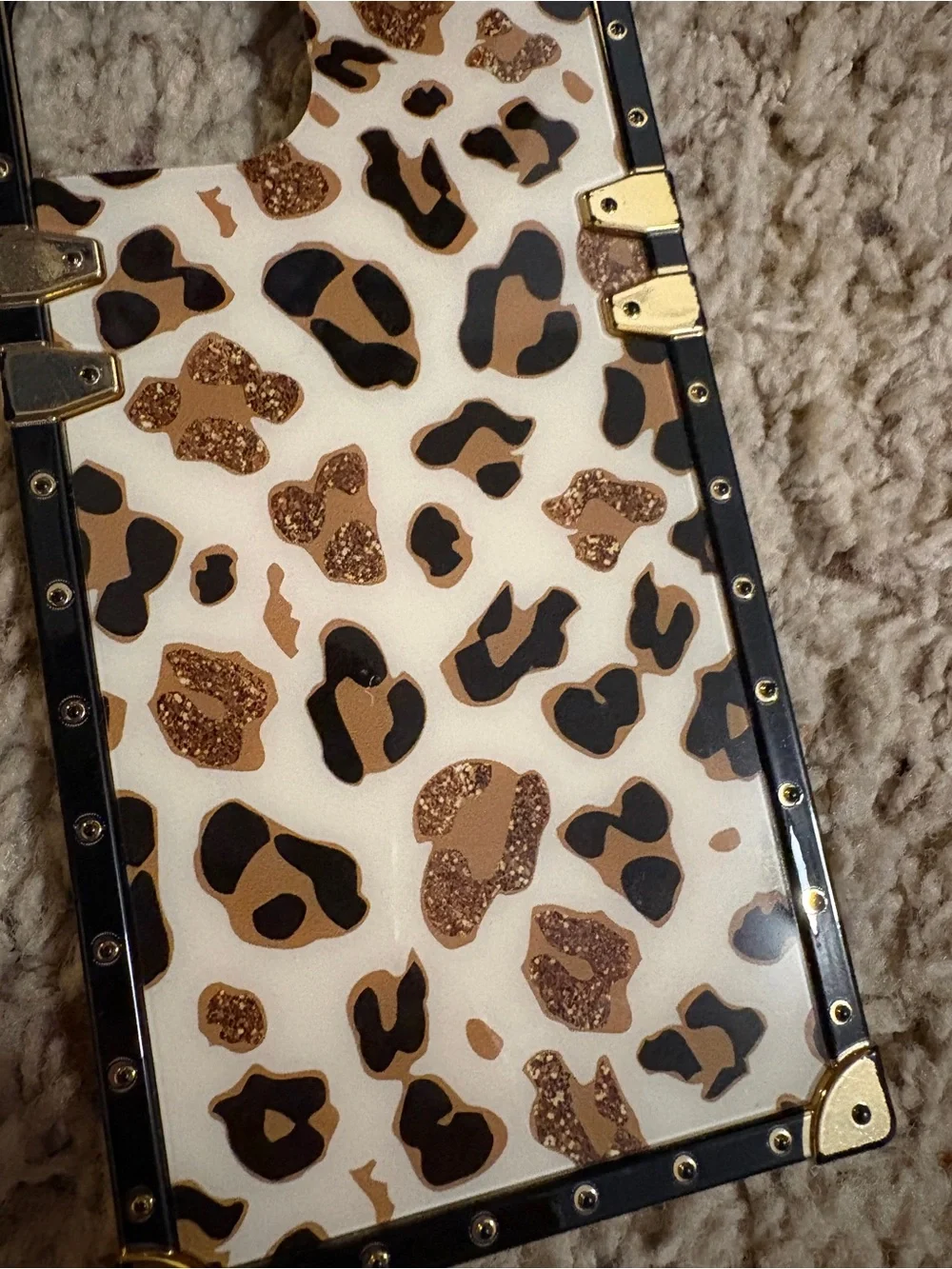 Leopard Print Glitter Accent iPhone 13 Case - White & Gold